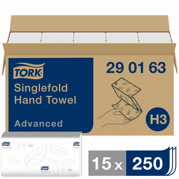 Tork Essuie-mains pliés en V doux blancs H3, Advanced, 15 x 250 feuilles Essuie mains et distributeur