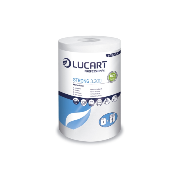 Essuie-tout professionnel 3 plis Lucart Strong 3.200 – Ultra absorbant et résistant - Lot de 8 rouleaux Essuie Tout